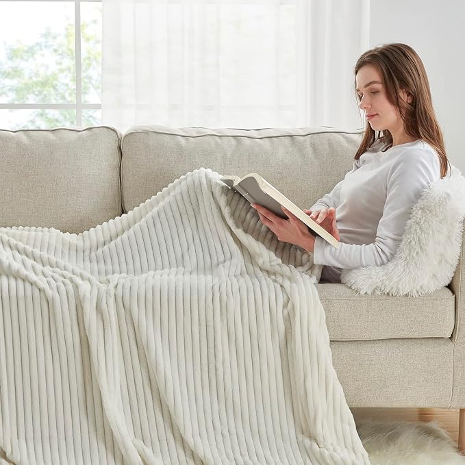 Nestl Microfiber White Throw Blanket, 50x60 inches, Lightweight Cut Plush, Fuzzy Blankets and Throws for Sofa, Bed Fleece Throw Blankets, Soft, Cozy, Breathable, Machine Washable