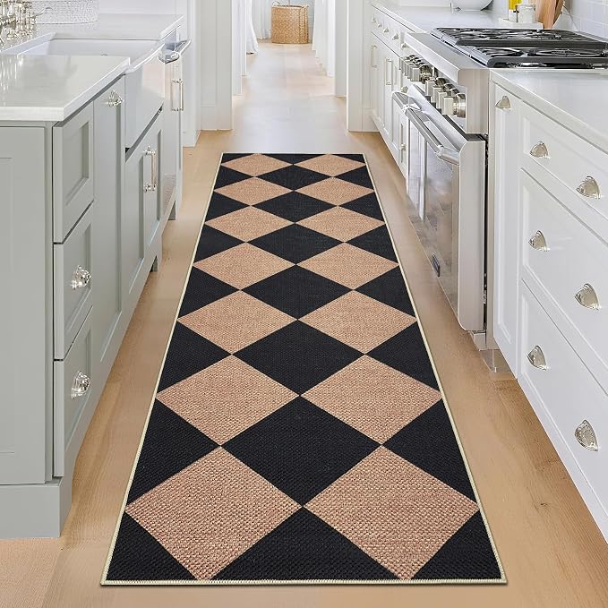 COZYLOOM 2x6 Geometric Area Rug Washable Runner Rug for Hallway Non Slip Non Shedding Modern Diamond Print Carpet Stain Resistant Foldable Modern Ultra Soft Door Mats for Kitchen, Brown