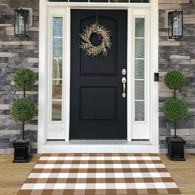 Bottalive Buffalo Plaid Outdoor Rugs, 3'x5' Brown and White Checkered Indoor/Outdoor Area Rug, Layering Rug for Hello/Welcome Door Mat, Washable Cotton Woven Farmhouse Mat for Fall Front Porch Décor