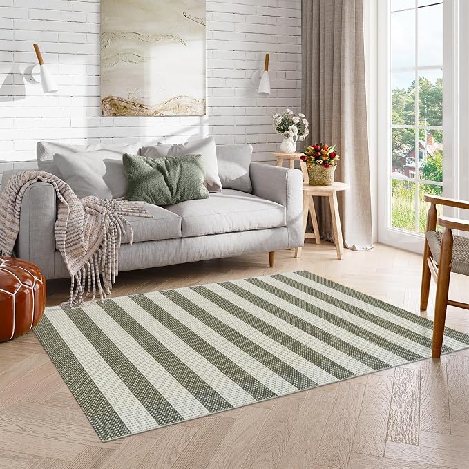 OJIA Striped Outdoor Area Rug 4'x6' Washable Patio Rugs Front Porch Rug | Cotton Woven Outdoor Rug Decor Living Room Rug Farmhouse Indoor Outdoor Rugs Large Floor Carpet for Backyard/Bedroom/Entryway