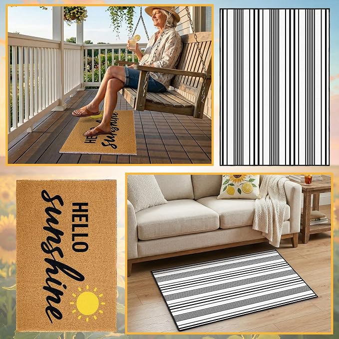2 Pcs Layered Front Porch Decor, Hello Sunshine Welcome Doormats Summer Coastal Entryway Rug Set, Black and White Striped Crystal Velvet Base and PVC Coil Door Mat, 15.7x23.6 & 23.6x31.5