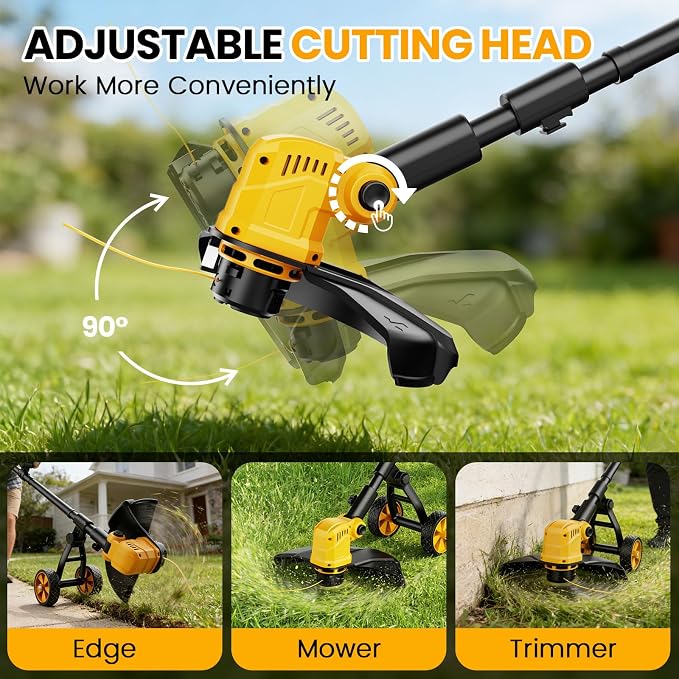 14-Inch Cordless String Trimmer with Wheels, 2x3.0Ah 21V Battery Powered Weed Eater, Electric Lawn Mower Weed Wacker, Brush Cutter Grass Trimmer for Garden Yard