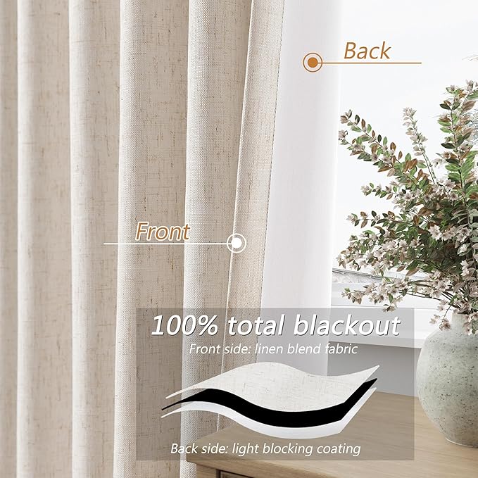 Guken 100% Blackout Linen Curtains 94 Inch Length 2 Panels Set for Living Room Bedroom Back Tab/Rod Pocket Thermal Insulated Black Out Drapes Room Darkening Window Curtains 94 Inches Long