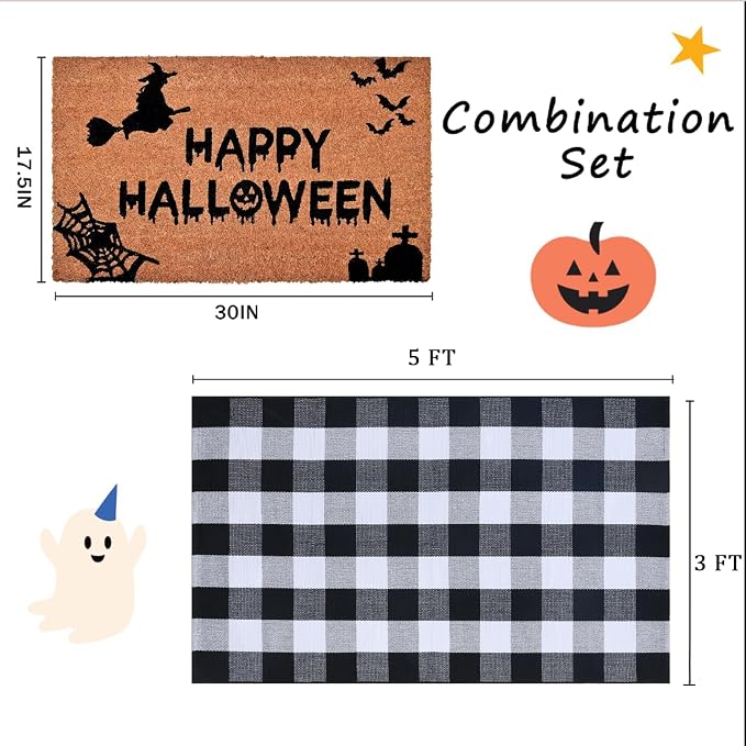 Halloween Decor Doormat Combo Set, 100% Coco Coir Welcome Mat + 3' x 5' Black and White Plaid Rug - Halloween Fall Front Porch Entryway Decor Floor Mat, Indoor Outdoor Autumn Mats Happy Halloween