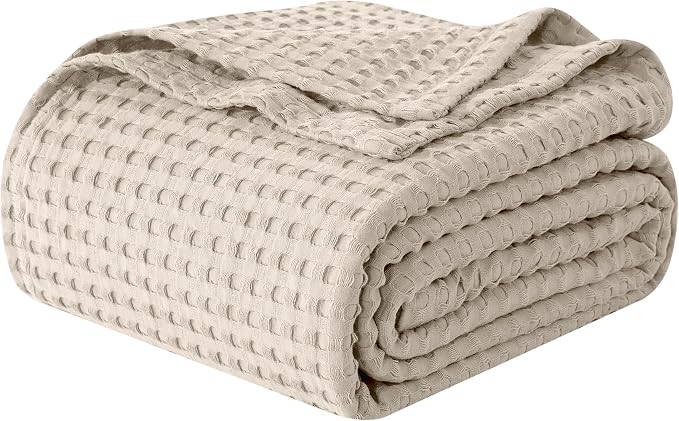 Elegant Comfort Premium 100% Cotton Waffle Blanket - Lightweight Breathable Waffle Weave Bed Blanket - Soft and Warm All Season Blanket for Couch, Sofa and Bed, Queen Size 90x90 Inches, Linen