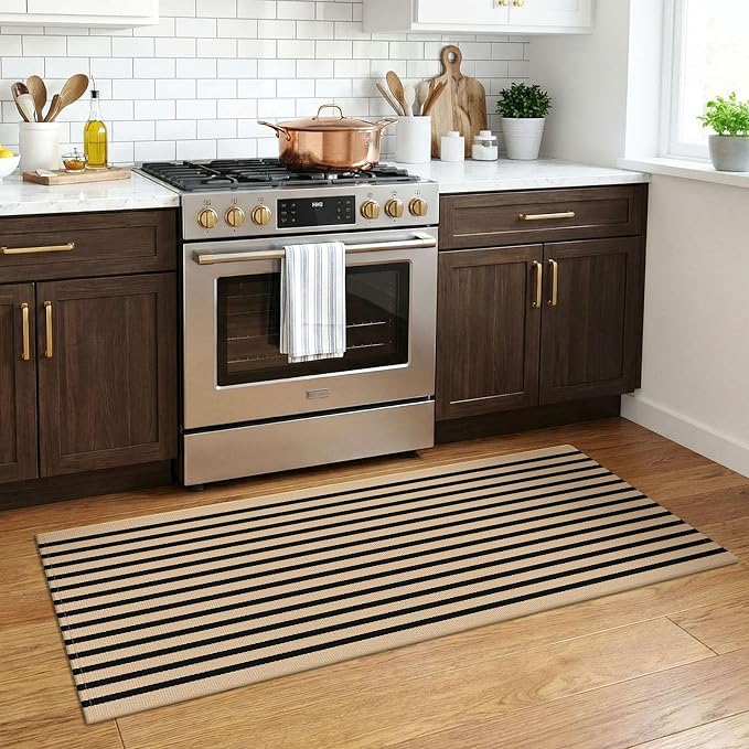 KOZYFLY Brown and Black Striped Runner Rug 2x4.3 ft Cotton Woven Washable Indoor Outdoor Doormat Small Front Door Rug for Entryway Porch Kitchen Hallway Patio Laundry Room
