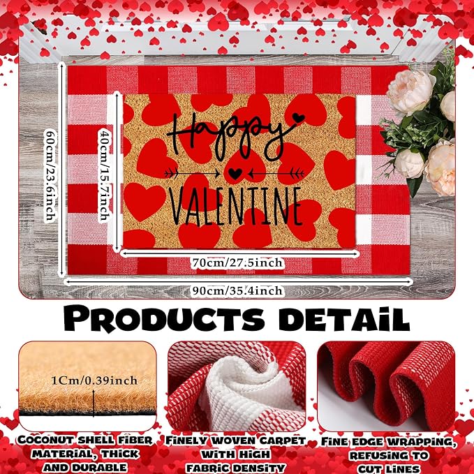 Moucuny 2 Pcs Valentine's Day Coir Welcome Doormat Valentine's Day Rug Outdoor Layered Buffalo Plaid Red and White Mat Red Heart Mat for Front Porch Outdoor Entryway