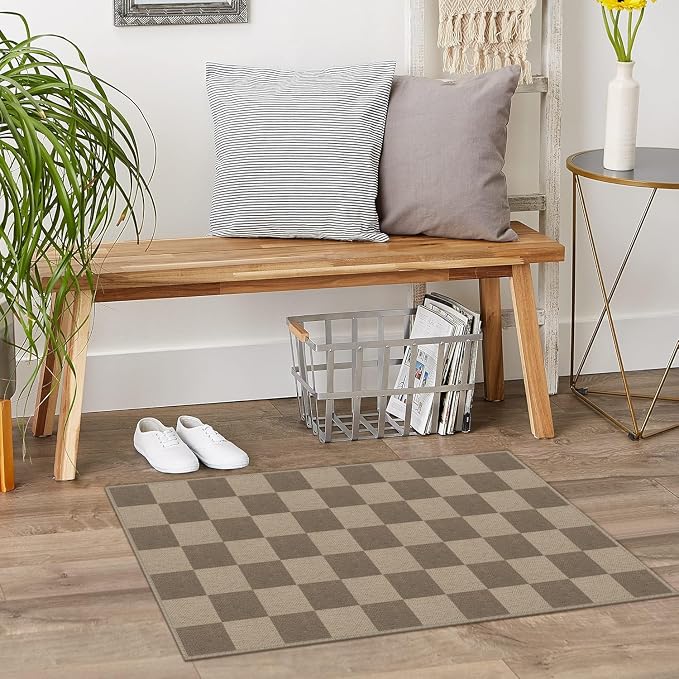 Rugalia Easy Jute Checkered Entryway Rug, 2x3 Brown Modern Indoor Outdoor Doormat, Washable Non-Slip Small Kitchen Rug Farmhouse Checkerboard Throw Rugs for Entrance Bedroom Bathroom