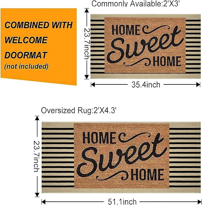 Front Door Mat Outdoor 2'x3',Black and Khaki Striped Outdoor Rug Washable Cotton Layered Door Mat Entryway Throw Rug for Indoor Entrance