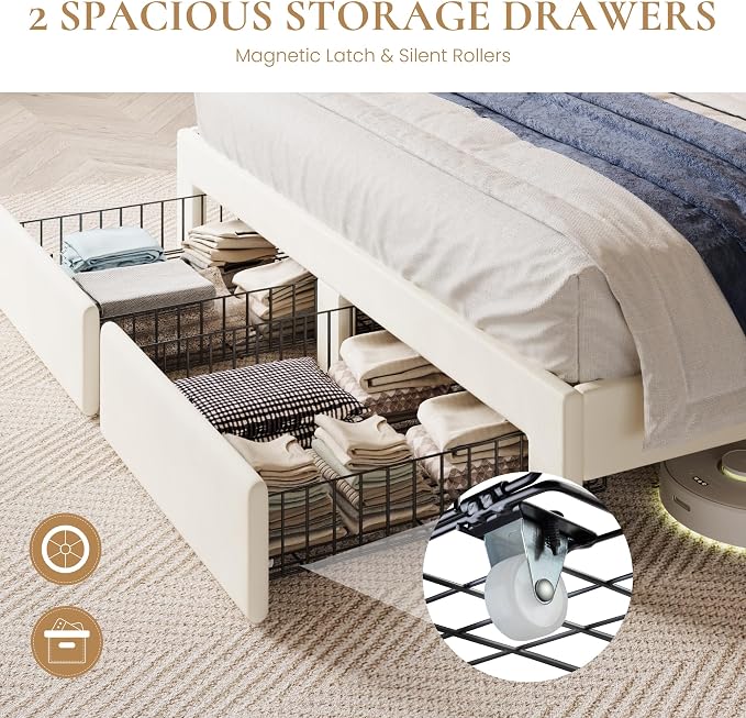 SHA CERLIN Full Velvet Platform Bed Frame with 2 Storage Drawers, LED Storage Headboard with Charging Station, Upholstered Wingback Headboard, Noise-Free, No Box Spring Needed, Easy Assembly, White
