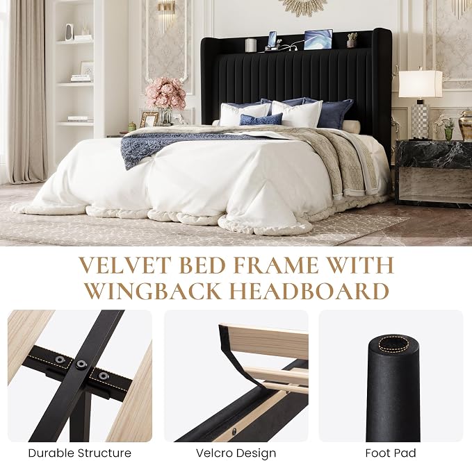 SHA CERLIN Queen Size Velvet Bed Frame with Shelf, Charging Station, Black | Wingback Storage Headboard, Upholstered Platform Bed, Wooden Slats Support, No Box Spring Needed, Easy Assembly, Noise Free