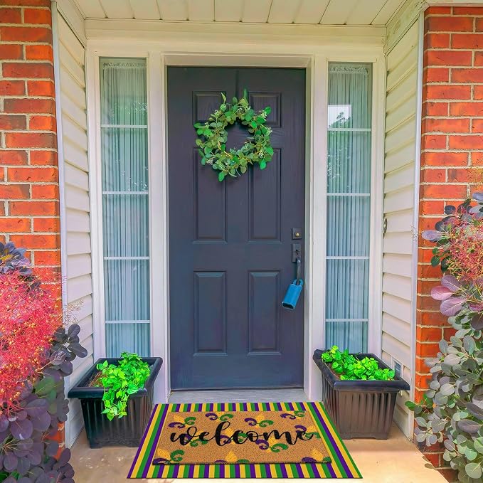 Tinideya 2 Pcs Mardi Gras Door Mat Carnival Welcome Non Slip Coir Mats Purple Yellow Green Stripe Floor Layering Doormats Seasonal for Front Porch Entryway Decor(Mardi Gras)