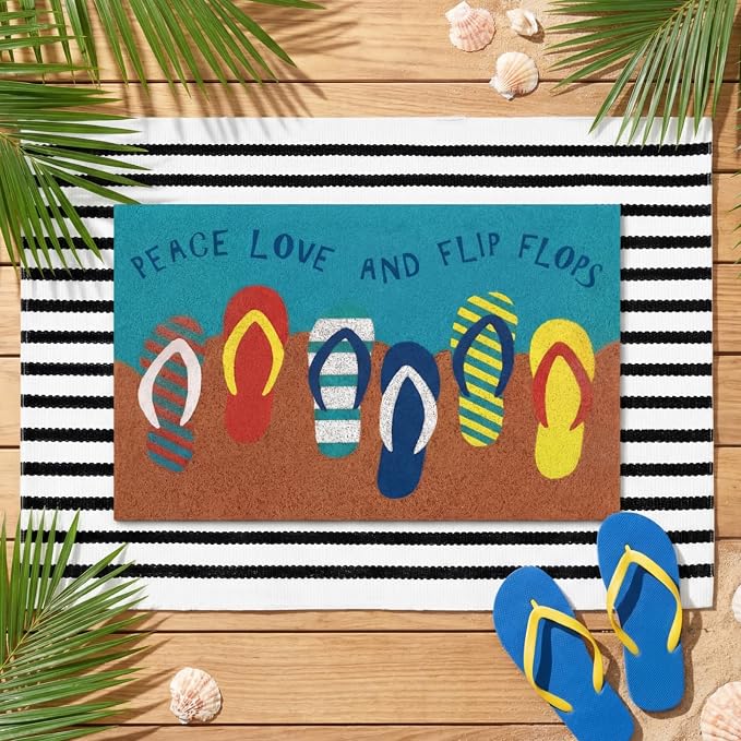 Moucuny 2 Pcs Summer Coir Doormat Outdoor, 16'' x 28'' Beach Mats Peace Love and Flip Flops Welcome Mats, 24'' x 35'' Non-Slip Outdoor Black White Stripe Layered Rug for Porch Front Entryway Decor