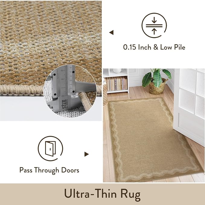 LIVEBOX Scalloped Washable 2x6 Kitchen Runner Rug, Easy Jute Geometric Tan Rug for Entryway, Indoor Outdoor Non Slip Rugs Farmhouse Modern Carpet Door Mat for Porch Bedroom Laundry Room Hallway