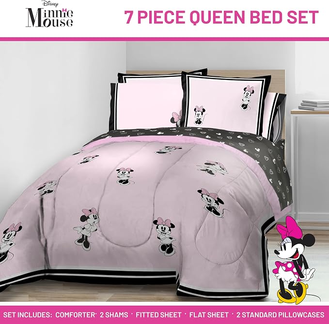 Jay Franco Kids Comforter Set Includes Sheets and Pillow Covers - Soft and Cozy Bed Set for Stylish Room Decor, Official Licensed Bedding, Multi - Minnie Mouse, 7 Piece Queen