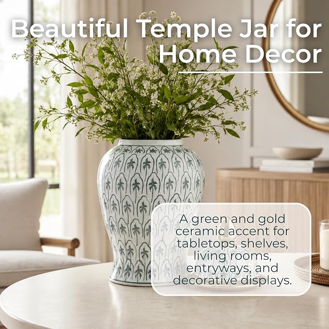 18" Temple Jar with Lid - Ceramic White, Green and Gold Palm Tree Decorative Stoneware for Home, Office, Gift Idea