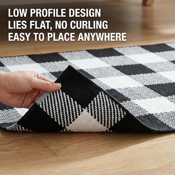 Black and White Buffalo Plaid Rug 28" x 43", Machine Washable Layering Mat for Front Door, Entryway, Kitchen, Indoor Outdoor Low Profile Cotton Woven Check Rug