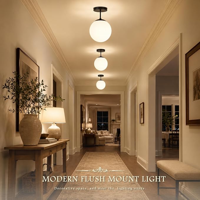 Globe Semi Flush Mount Ceiling Light, Mid Century Modern Light Fixture Ceiling, Milk Glass with Matte Black Finish, Living Room Kitchen Bedroom Hallway Storage Schoolhouse Laundry(LED Bulb Incl.)