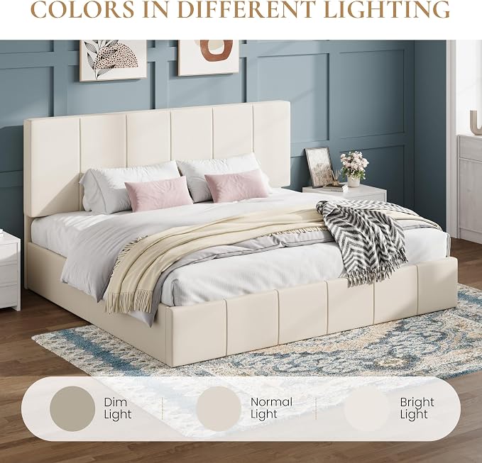 SHA CERLIN King Size Bed Frame, Dutch Velvet Upholstered Platform Bed, Vertical Channel Tufted Adjustable Headboard, Low Profile Bed Frame, No Box Spring Needed, Easy Assembly, Cream