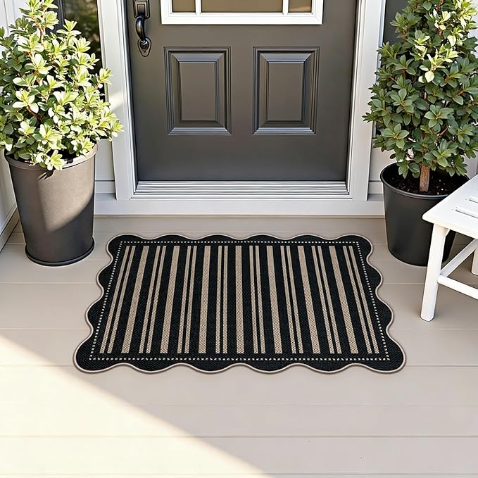 Striped Easy Jute Entryway Rug, 2x3 Black Indoor Outdoor Doormat, Washable Small Kitchen Rug Non Slip Farmhouse Scalloped Rugs for Front Door Entrance Bathroom