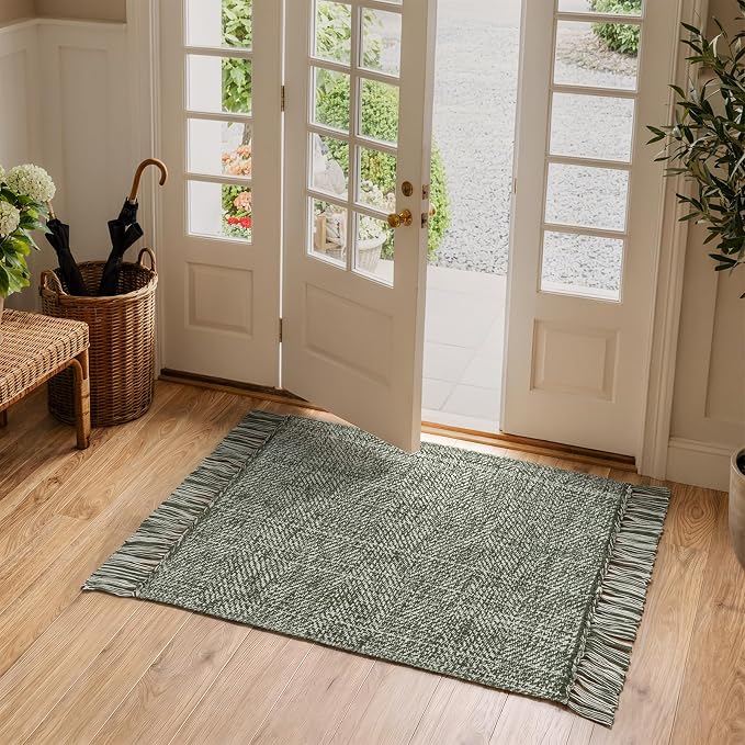 Collive 2' x 4.3' Indoor Outdoor Rug, Modern Farmhouse Sage Green Kitchen Runner Rugs Hand-Woven Bathroom Mat, Boho Washable Front Door Mats Reversible Entry Carpet for Laundry Bedroom Porch Decor