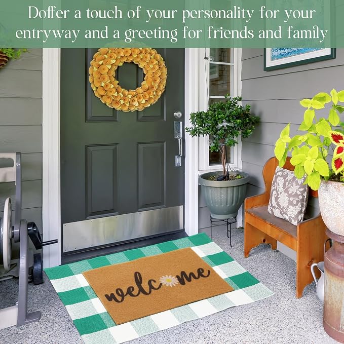2 Pcs Outdoor Door Mat Combo Set Layered Outdoor Rug and Coir Welcome Doormat Non Slip Outside Floor Mat for Front Porch Entryway Patio Yard Decor(Green Daisy,24'' X 35'',24'' X 16'')
