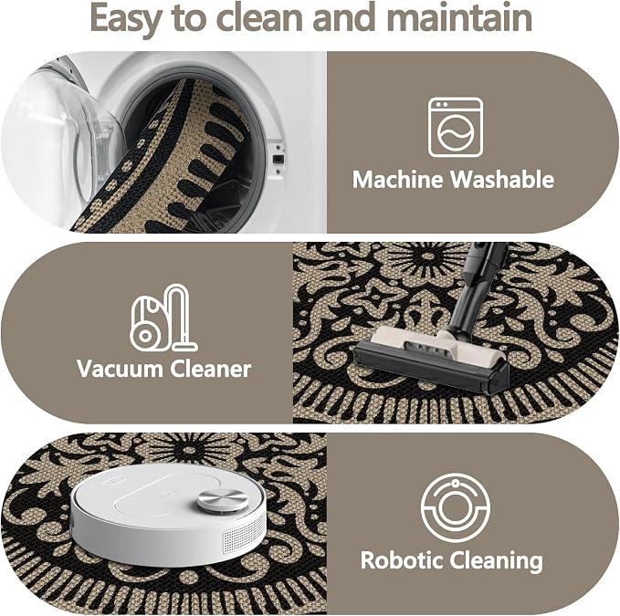 Capslpad Round Faux Jute Rug 6ft Washable Non Slip Area Rugs for Living Room Boho Circle Patio Carpet Low Pile Floral Indoor Outdoor Rug for Backyard Bedroom Kitchen Entryway,Black&Nature