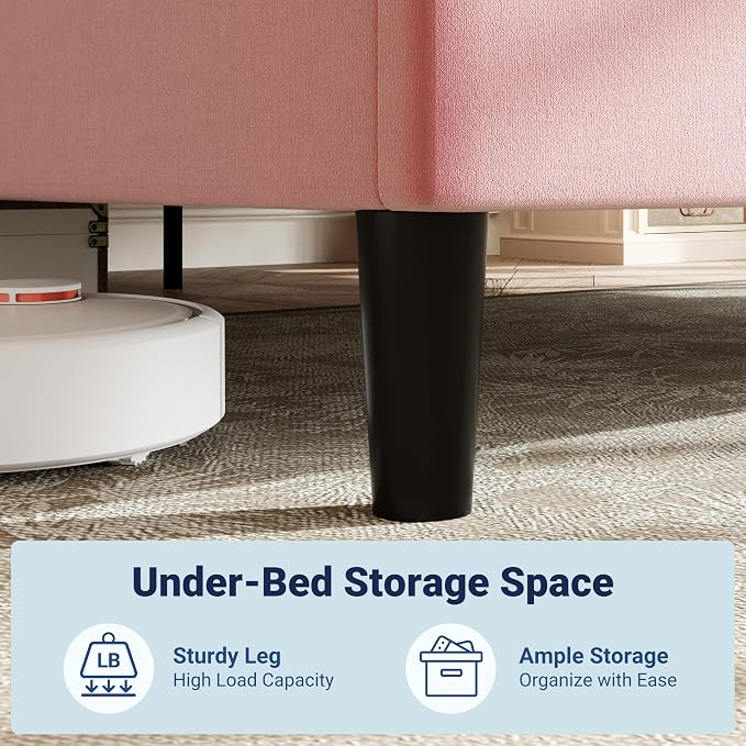 Allewie Queen Platform Bed Frame with Adjustable Headboard | Plush Velvet Upholstered, Vertical Channel Tufted, Sturdy Wood Slats, No Box Spring Needed, Easy Assembly, Pink