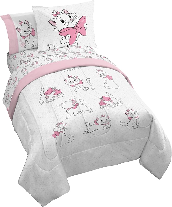Disney Aristocats Marie Twin Comforter Set 5 Piece Kids Bedding, White | Bed in a Bag, Comforter Sheets Sham Pillowcase, Official Brand, Soft Microfiber, Machine Washable, Easy Care, Girls Gift