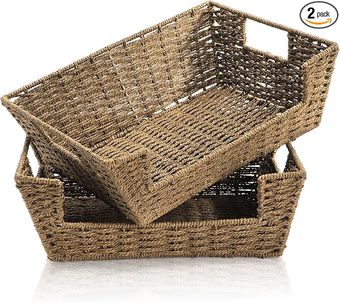 2 Pack Open Front Storage Baskets | Brown Paper Rope Woven Basket with Built-in Handles, 13''L x 10''W x 5''H Pantry Organzier Bins for Shelf, Bedroom, Pantry