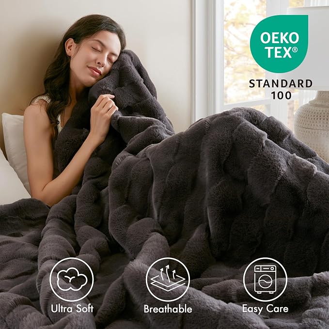 Madison Park Vivienne Faux Fur Throw Blanket Velvet, 50 x 60, Grey | Cozy Warmth for Sofa or Bed, Reversible, Lightweight, OEKO-TEX Certified