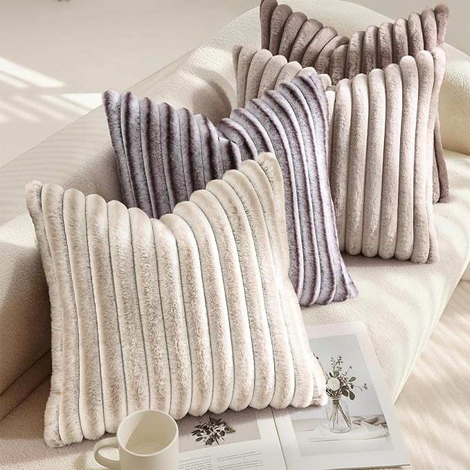 decorUhome Cozy Faux Fur Throw Pillow Covers 18x18 Set of 2 Decorative Soft Plush Striped Modern Farmhouse Boho Couch Pillow Cases with Velvet Back for Sofa Bed Living Room, Light Coffee