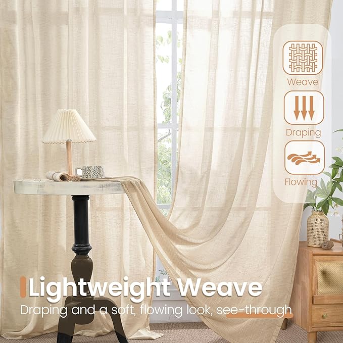 BGment Burlap Linen Semi Sheer Curtains 84 Inch Length for Living Room, Light Filtering Window Drapes with Rod Pocketfor Bedroom Farmhouse Dining Lightweight, 2 Panels Set, 42 Inch Wide Each Panel