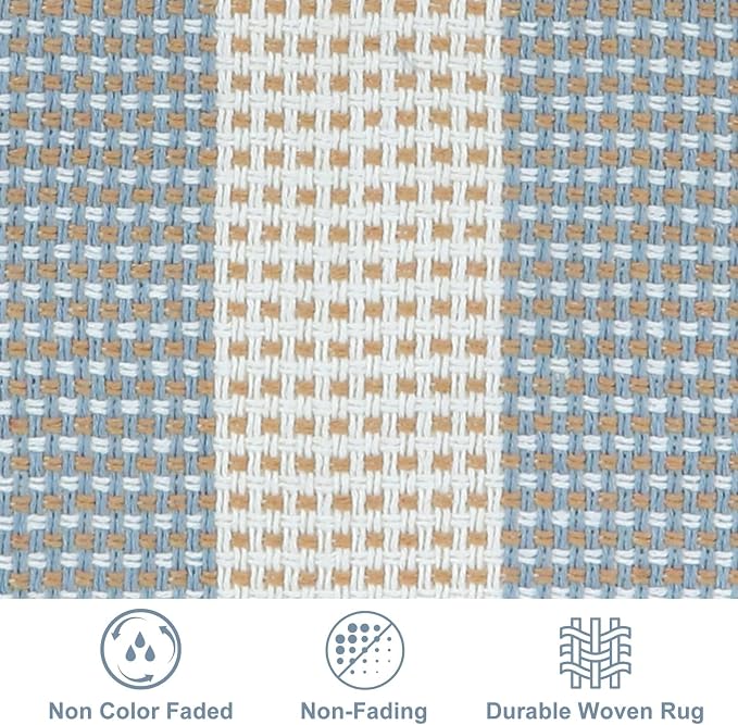 LEEVAN 5x7 Outdoor Striped Rugs for Patio Washable Coastal Blue Balcony Rug | Blue and White Backyard Rug, Spring Plaid Outside Entrance Floor Porch Mat, Indoor/Outdoor Layered Mat for Deck/Pool/Camping