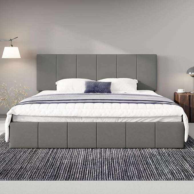 Allewie King Size Dutch Velvet Upholstered Platform Bed Frame/Vertical Channel Tufted Adjustable Headboard/Low Profile Bed Frame/No Box Spring Needed/Easy Assembly/Grey