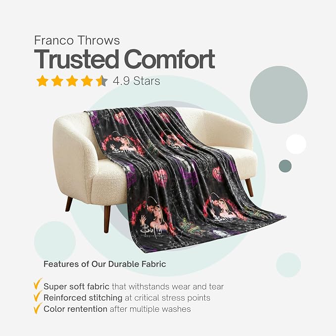 Buffy The Vampire Slayer Horror Throw Blanket, Super Soft Cozy Plush Bedding, 46" x 60", Buffy & Angel (Officially Licensed Product) by Franco Collectibles