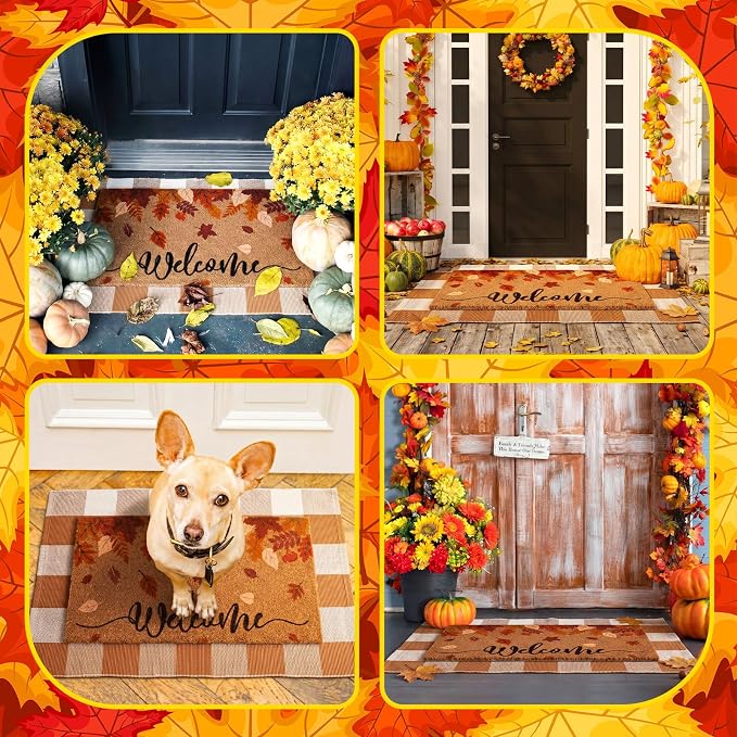 Moucuny 2 Pcs Fall Coir Doormat Outdoor, Maple Leaves Welcome Welcome Doormat 16 x 47, Layered Brown Plaid Rug 24 x 35, Non-Slip Backing, Fall Autumn Porch Entryway Patio Outdoor Decor