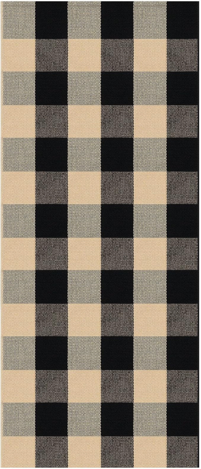 KOZYFLY Buffalo Plaid Area Rugs 2x4.3 Ft Brown and Black Checkered Rug Washable Front Door Mat Hand Woven Cotton Outdoor Rugs Small Rug for Front Porch Kitchen Entryway Patio Bathroom