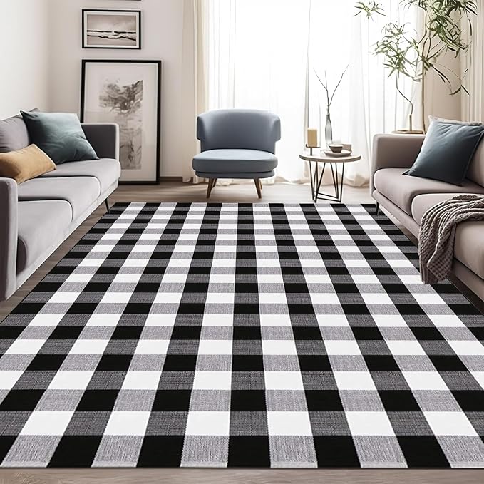 Buffalo Plaid Rug 5.5'x7.5'Black and White Area Rug,Washable Cotton Woven Indoor/Outdoor Rug for Farmhouse/Dining Room/Bedroom/Living Room Rug Retro Lattice Checkered Carpet