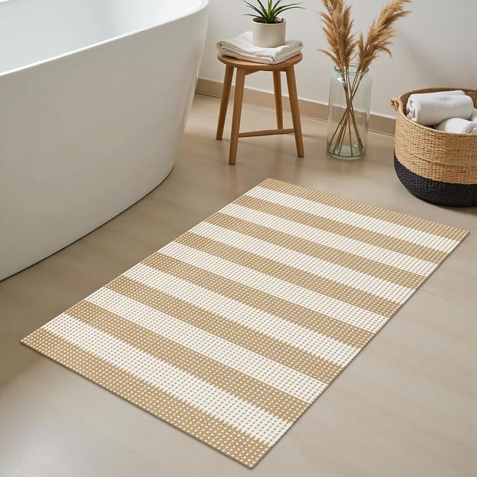 Rugalia Washable Woven Indoor Outdoor Doormat, 2x3 Natural Beige Cotton Striped Entryway Rug Low Pile Non-Slip Small Kitchen Rug, Modern Farmhouse Throw Carpet for Porch Bathroom Bedroom
