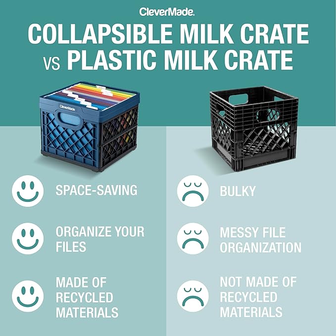 CleverMade Collapsible Milk Crate, 25L, 3 Pack, Stone | Built-in rails hold letter-size hanging files. Interlocking crates stack open or folded and carry up to 50 lb each.