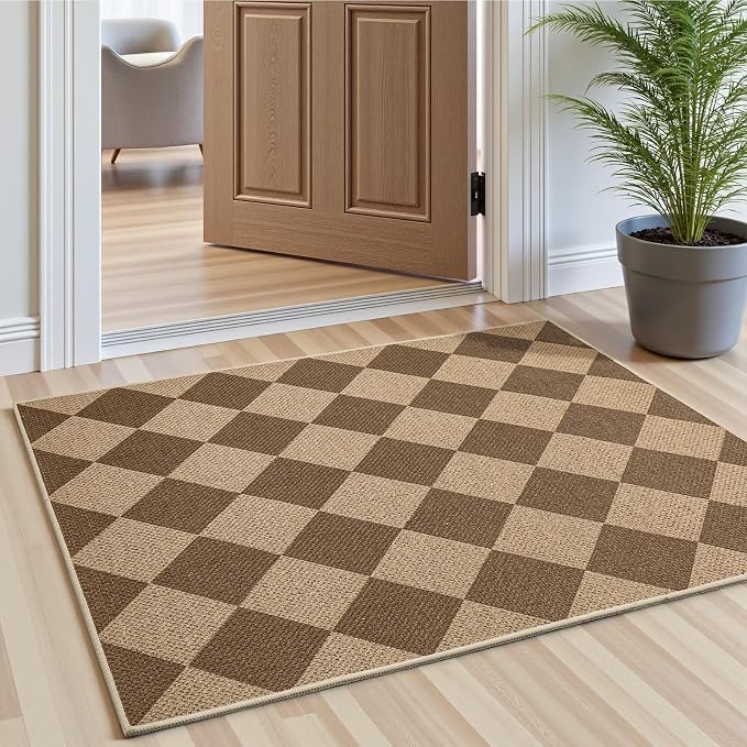 EDIMENS Checkered Easy Jute 2x3 Entryway Rugs Front Door Mat Entry Rug | Non Slip Small Area Rug Kitchen Mat Checkered Rug Farmhouse Low Pile Washable Brown Indoor Outdoor Doormat for Porch Doorway