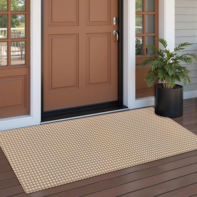 Rugalia Washable Woven Indoor Outdoor Runner Rug, 2x5 Camel Cotton Rug Runners for Hallway Non-Slip Entryway Runner Rugs, Modern Natural Plaid Long Throw Carpet for Kitchen Porch Entrance
