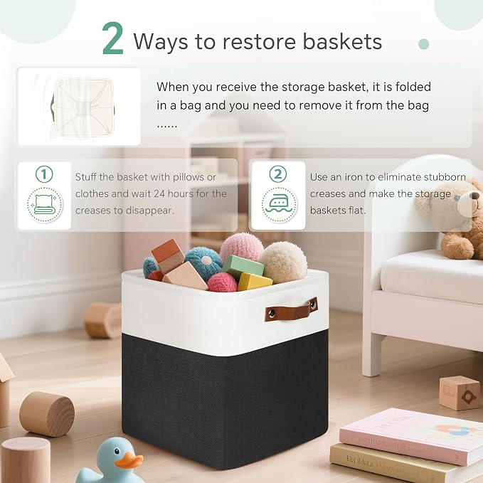 FinishingBo 11 inch Cube Storage Bin 6 Pack, Cube Organizer Bins | Fabric Storage Bins With Handles, 11x11 Storage Cubes, Shelf Basket, White/ Black