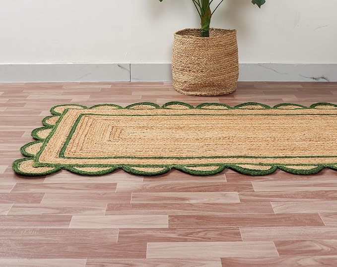 Scalloped Natural Jute Area Rug for Bedroom Living Room, Kitchen, Patio, Hallway, Entryway, Indoor, Outdoor, Farmhouse, Modern Carpet, Door Mat Green, 2x3 ft.