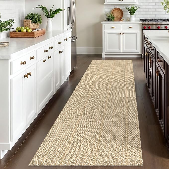 IOHOUZE Washable Runner Rug 3x10 Non Slip Rubber Backed Long Hallway Runner Entryway Runner Indoor, Kitchen Rugs Woven Cotton Floor Carpet for Hall Entrance, Warm Beige/Orange/Apricot