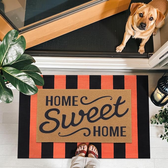OLANLY Orange and Black Striped Rug 2'4" x 3'7" (27.5" x 43") | Washable Cotton Indoor Outdoor Doormat for Front Door, Entryway, Kitchen, Porch, Patio Decor