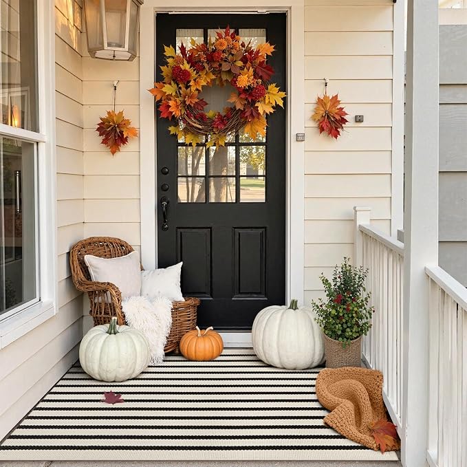 Collive Black and White Rug 3x5, Washable Outdoor Rug for Porch Cotton Woven Farmhouse Indoor Outdoor Rugs, Layered Welcome Door Mat, Floor Throw Carpet for Fall Front Door Decor Kitchen