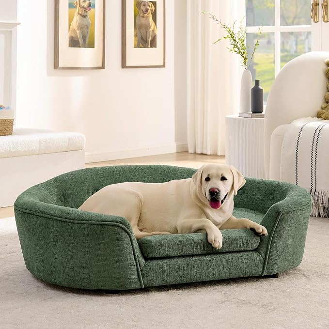 Dog Couch Bed with Oval Semi-Enclosed, Durable Linen Material Pet Sofa Couch with Soft Foam Cushion, Dog Sofa Bed with Legs for Medium Dogs, Green