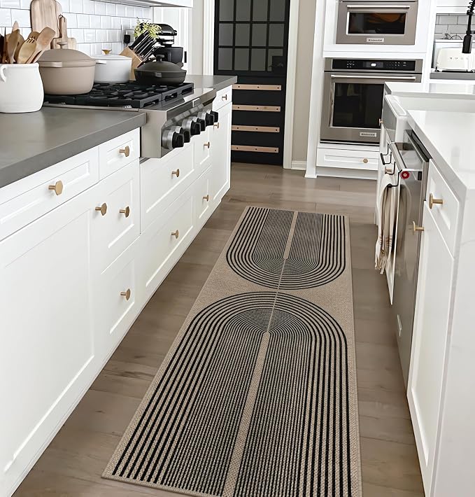 Rugalia Easy Jute Rainbow Runner Rug, 2x6 Washable Rugs Runner for Hallway Non-Slip Boho Farmhouse Kitchen Runner Rug, Black and Nature Abstract Outdoor Carpet for Porch Laundry Entryway